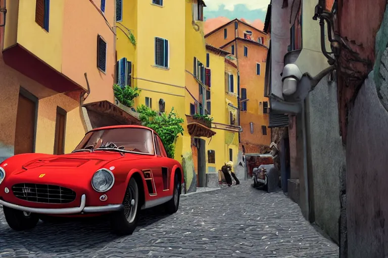 Image similar to a wholesome animation key shot of!! one!! focused!! ferrari 2 5 0 gt!! in beautiful cinque terre italy street, medium shot, studio ghibli, ( pixar ) and disney animation, sharp, very detailed, high resolution, rendered in unreal engine 5, anime key art by greg rutkowski, bloom, dramatic lighting