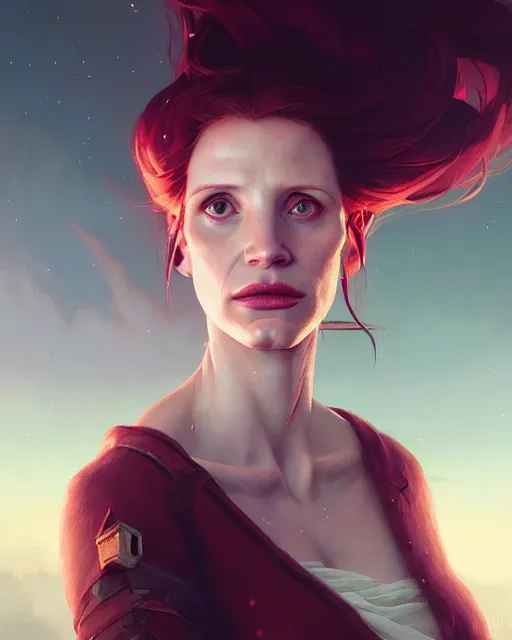 Image similar to portrait of jessica chastain, unreal engine, fantasy art by greg rutkowski, loish, rhads, ferdinand knab, makoto shinkai and lois van baarle, ilya kuvshinov, rossdraws, tom bagshaw, global illumination, fan art, radiant light, detailed and intricate environment