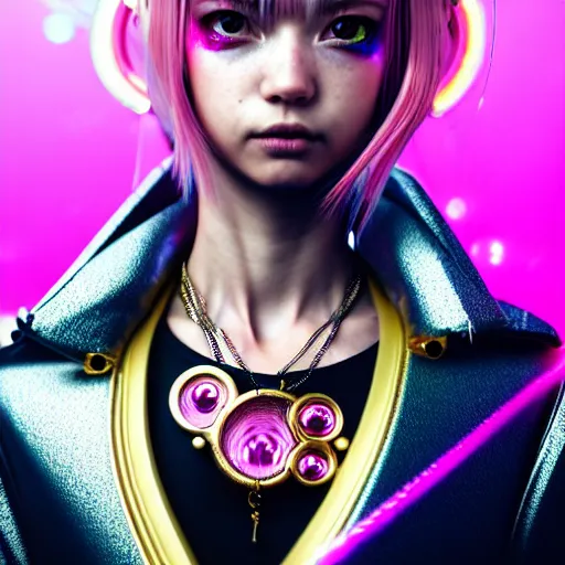 Image similar to hyperdetailed portrait of a stunningly beautiful pink cyberpunk cute european girl made of metals and shiny iridescent gems, bright rainbow nimbus, gold necklace, reflective puffer jacket, smoke background inspired by ross tran and masamune shirow and kuvshinov, intricate, photorealistic, octane render, rtx, hdr, unreal engine, dnd digital art by artgerm