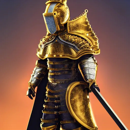 Image similar to a highly detailed knight in a T golden helmet and a golden crown with a blue diamond in the center of the crown, golden armor, leather clothes under the armor, leather gloves, holds a black sword, artstation, DeviantArt, professional, octane render, sunset lighting