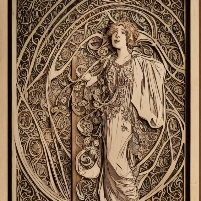 Image similar to a bas - relief wooden art nouveau sculpture of a young molly ringwald with long hair blowing in the wind, in front of a delicate tracery pattern, intricate and highly detailed, well - lit, ornate, realistic, by alphonse mucha