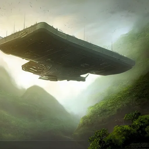 Prompt: An incredible matte painting about an artless painting of a giant autonomous spaceship landing in a misty rainforest, surrounded by mountains and clouds. Featured on artstation The machine in the temple, aztec jade, reflective