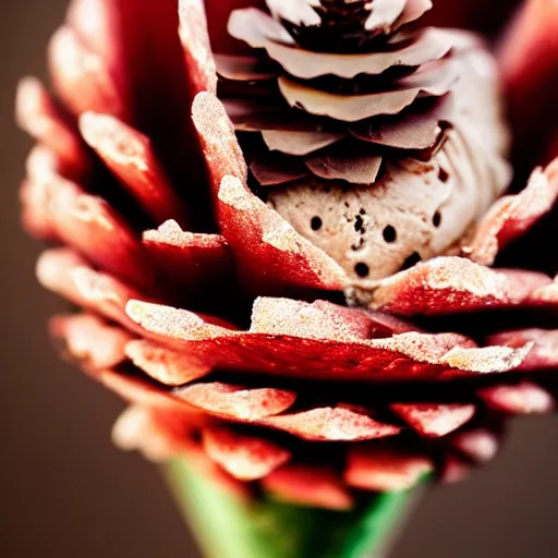 Prompt: a photograph of a strawberry chip ice cream cone, with a cone made from a pinecone. shallow depth of field, fine textured detail.