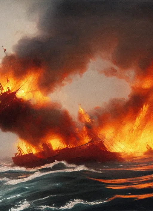 Prompt: painting of a ship burning in heavy flames in the middle of the ocean, a detailed matte painting by vilhelm lundstrøm, cgsociety, neo - romanticism, chillwave, matte drawing, official art