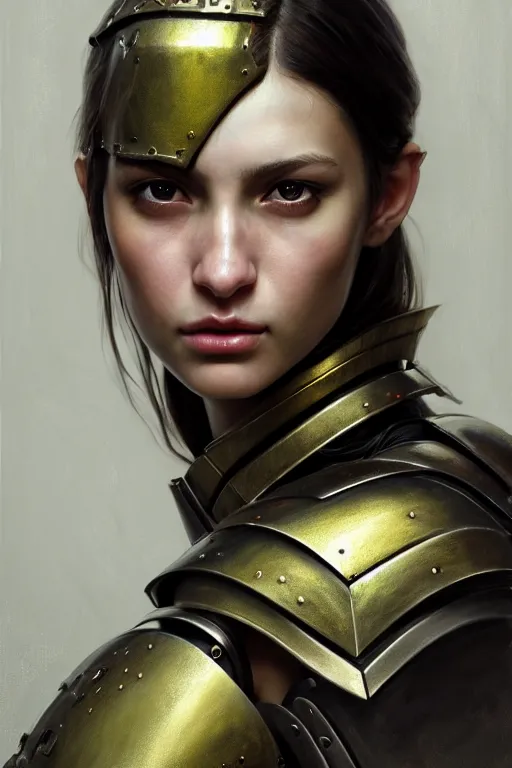 Image similar to a photorealistic painting of an attractive young girl, partially clothed in metal-plated battle armor, olive skin, long dark hair, beautiful bone structure, symmetrical face, perfect eyes, intricate, elegant, digital painting, concept art, illustration, sharp focus, minimal artifacts, volumetric lighting, from Metal Gear, in the style of Ruan Jia and Mandy Jurgens and Greg Rutkowski, trending on Artstation, award winning