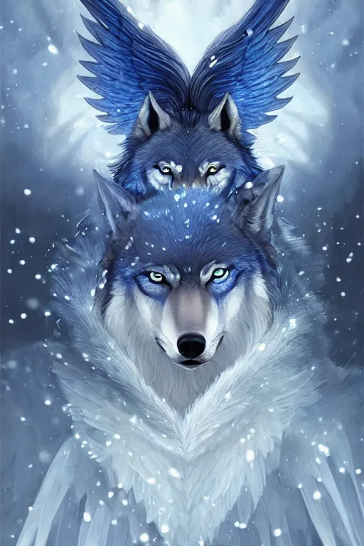 Image similar to blue wolf with wings, facing front, regal, elegant, winter, snow, beautiful, stunning, hd, illustration, epic, d & d, fantasy, intricate, elegant, highly detailed, digital painting, artstation, concept art, smooth, sharp focus, illustration, wallpaper, art by artgerm and greg rutkowski and alphonse mucha and jin xiaodi