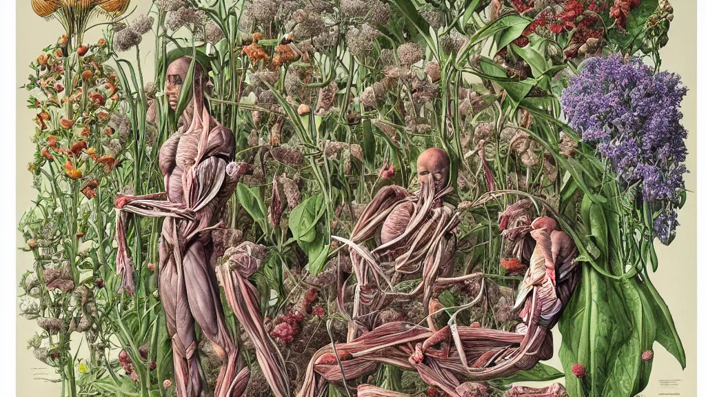 Image similar to highly detailed illustration human anatomy with all the known species of plants and flowers by juan gatti, by moebius!, by oliver vernon