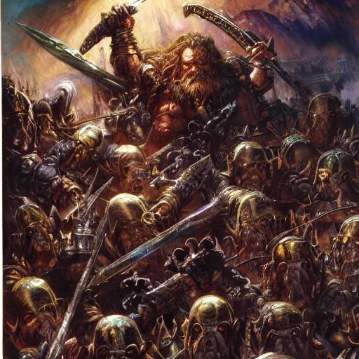 Image similar to art by donato giancola and bayard wu and gustav moreau and wayne barlowe, a fantasy cinematic close up shot of a dwarf berserker, fighting a horde of rats, warhammer, dnd, fighting monsters,