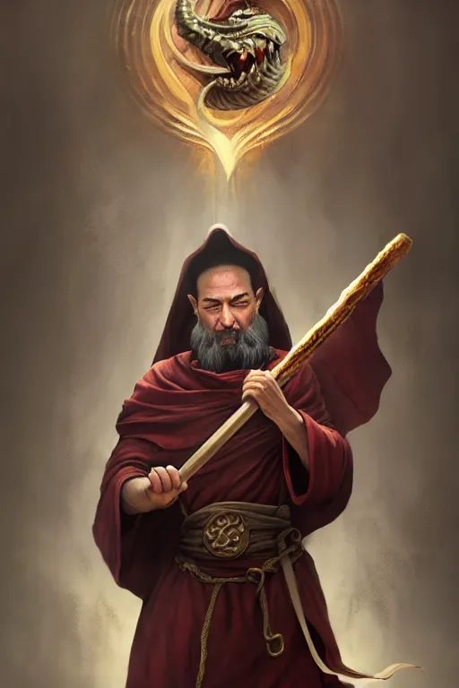 Prompt: monk with draconic face features, wearing a simple robe, holding a war hammer, highly detailed, d & d, fantasy, highly detailed, digital painting, trending on artstation, concept art, sharp focus, illustration, global illumination, shaded, art by artgerm and greg rutkowski and fuji choko and viktoria gavrilenko and hoang lap