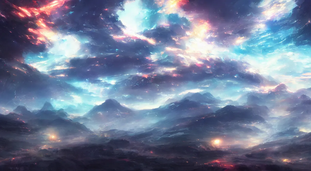 Prompt: scary art, epic, beautiful landscape, cinematic, clear focus, japenese light novel, abstract art, magical, space art, by makoto shinkai