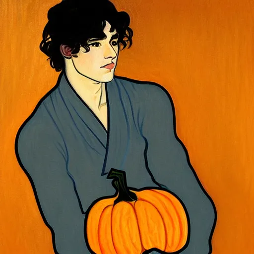 Image similar to painting of young cute handsome beautiful dark medium wavy hair man in his 2 0 s named shadow taehyung at the halloween pumpkin jack o'lantern party, depressed, melancholy, autumn, japan, elegant, clear, painting, stylized, delicate, soft facial features, delicate facial features, soft art, art by alphonse mucha, vincent van gogh, egon schiele