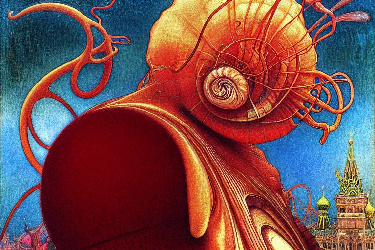 Image similar to realistic detailed closeup portrait painting of a single snail wearing crimson velvet blazer in a crowded futuristic moscow street by Jean Delville, Amano, Yves Tanguy, Alphonse Mucha, Ernst Haeckel, Ilya Repin, Edward Robert Hughes, Andrei Tarkovsky, Roger Dean, rich moody colours, blue eyes