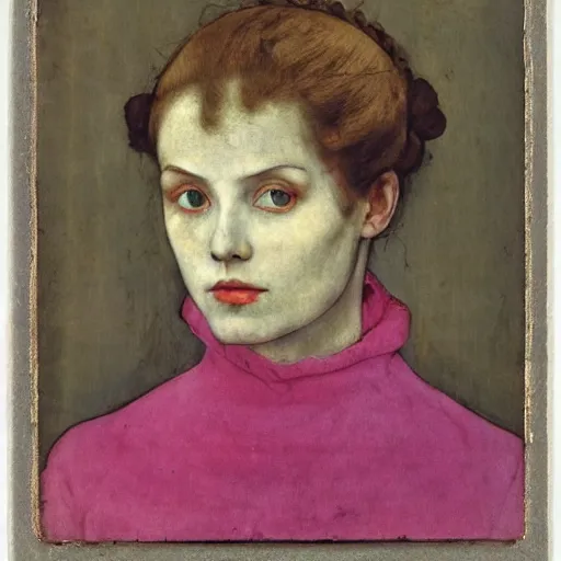 Prompt: portrait of a beautiful young lady with silver eyes, colored daguerreotype by pontormo, by schiele, by pontormo, by Mackintosh, by Bosch, art noveau, liminal, Bright pastel colors