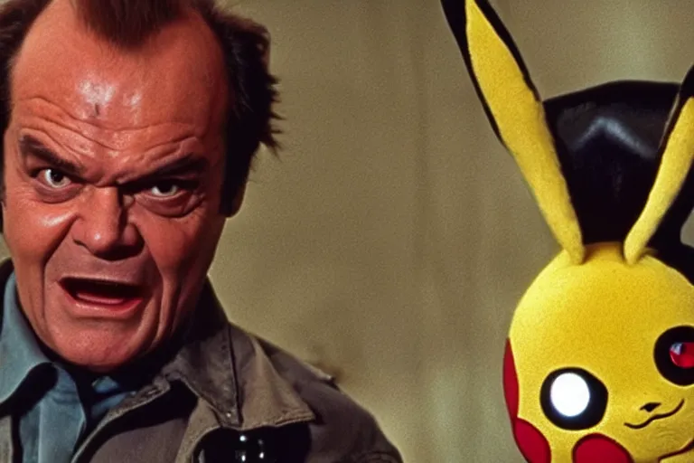 Image similar to Jack Nicholson plays Pikachu Terminator, scene where his inner exoskeleton is visible and his eye glows red, still from the film