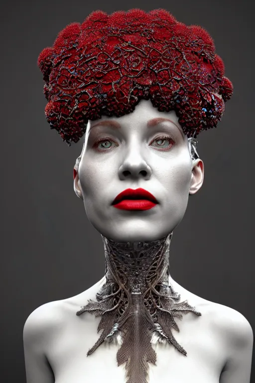 Image similar to complex 3 d render, hyper detailed ultrasharp beautiful biomechanical mandelbrot fractal steampunk filigree mesh wire female cyborg portrait with a porcelain profile face, albino afro, elegant crown with big hydrangea foliage leaves stems roots, red lips, alexander mcqueen haute couture, art nouveau fashion, octane render, 8 k