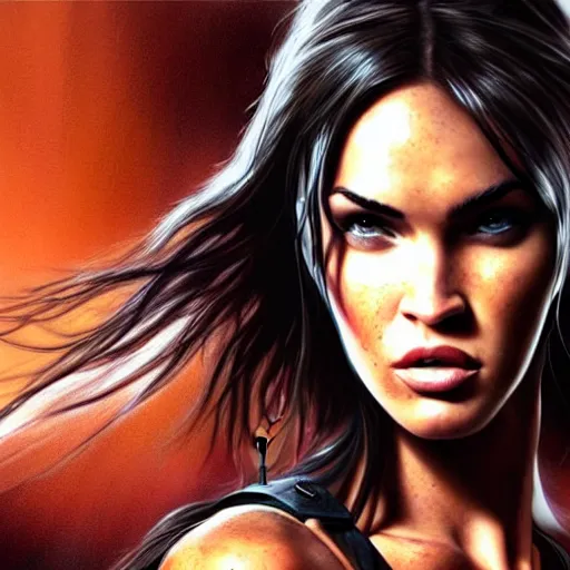 Prompt: megan fox as lara croft, hyper detailed masterpiece, digital art painting, hyper realism aesthetic