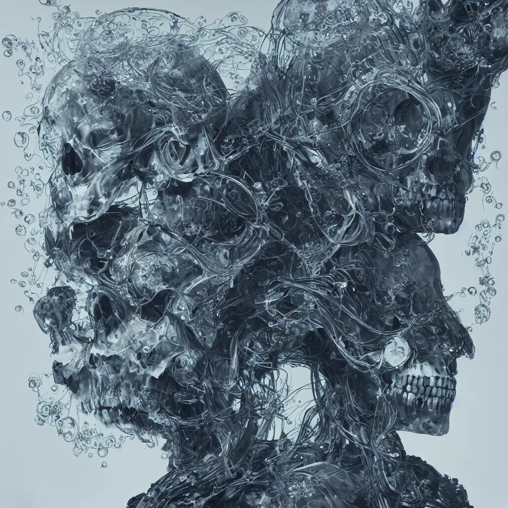 Image similar to close-up portrait goddess skull, thorax, x-ray, backbone, jellyfish phoenix head, nautilus, orchid, betta fish, bioluminiscent creatures, dark deep complex air bubbles in background, intricate artwork by Tooth Wu and wlop and beeple. octane render, trending on artstation, greg rutkowski very coherent symmetrical artwork. cinematic, black and white, contrasted, hyper realism, high detail, octane render, 8k