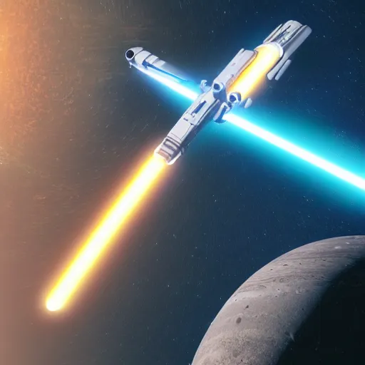 Prompt: an oversized lightsaber soaring through space and colliding with a planet, octane render