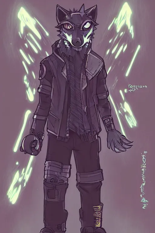 Image similar to a cyberpunk anthropomorphic wolf with a fluffy tail, comic art, trending on furaffinity, cartoon, kawaii, backlighting, furry art!!!, neon, concept art