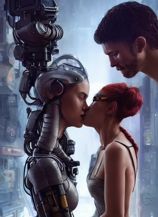 Image similar to ultra realistic medium shot of a couple of cyborgs kissing, lovers, cyberpunk, sci - fi, fantasy, kodak, photorealistic illustration, colour led, soft light, volumetric lighting, night, intricate, highly detailed, digital painting, concept art, smooth, sharp focus, illustration, art by artgerm and greg rutkowski and alphonse mucha