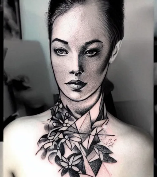 Prompt: tattoo design sketch of a beautiful woman face with a stunning mountains faded background on her side, hyper - realistic, double exposure, in the style of matteo pasqualin, amazing detail, black and white, faded