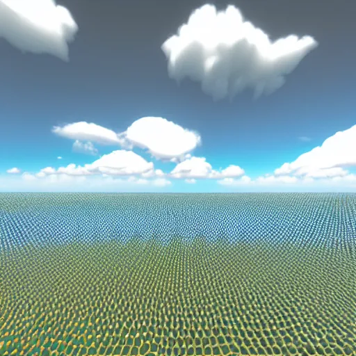 Image similar to photorealistic 3 d rendering of 3 d cellular automaton and the blue cloudy sky. highly detailed octane render and vray with natural light and organic colours, volumetric lighting, raytracing, unreal engine