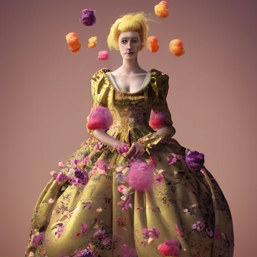 Image similar to 8 k, octane render, realism, tonalism, renaissance, rococo, baroque, portrait of a young - lady wearing long - harajuku manga - dress with flowers!!! and skulls, background - chaotic gold leaf flowers, cotton candy!!!!