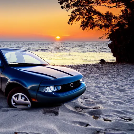 Image similar to a car chilling on the beach, sunset