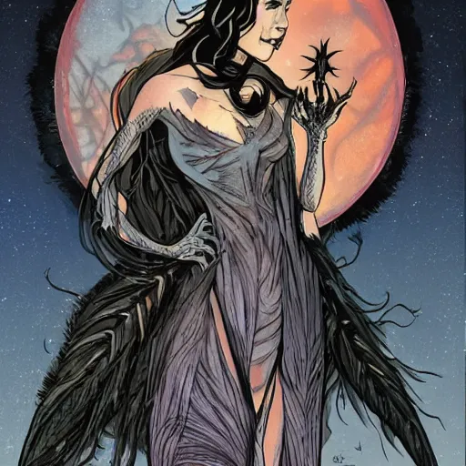 Image similar to Jennifer Connelly as dark fae gothic atompunk evil Disney villain queen with black feather hair, feathers growing out of skin, shedding feathers, in front of space station window, Mike mignola, trending on artstation, comic book cover, illustration