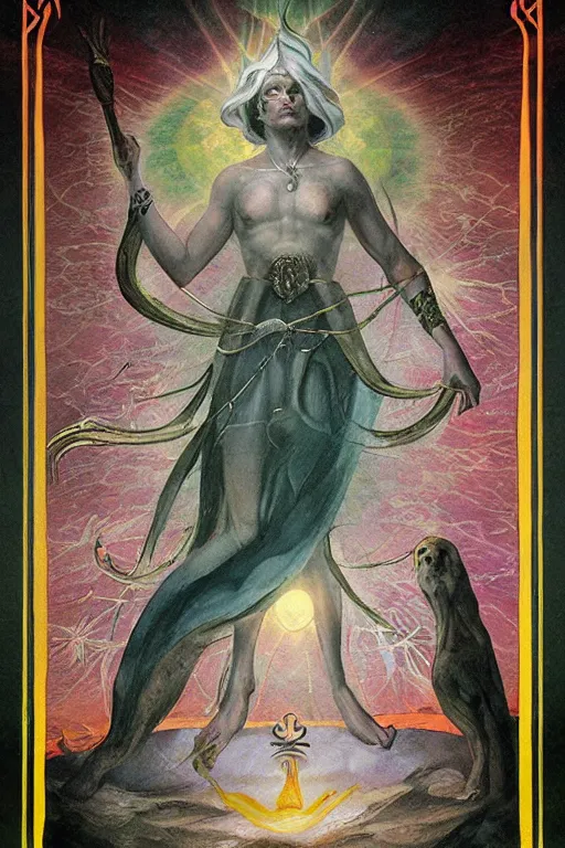 Prompt: The fool tarot card stunning mystic ethereal by steve skroce and william blake featured featured on artstation, cgsociety, Behance hd