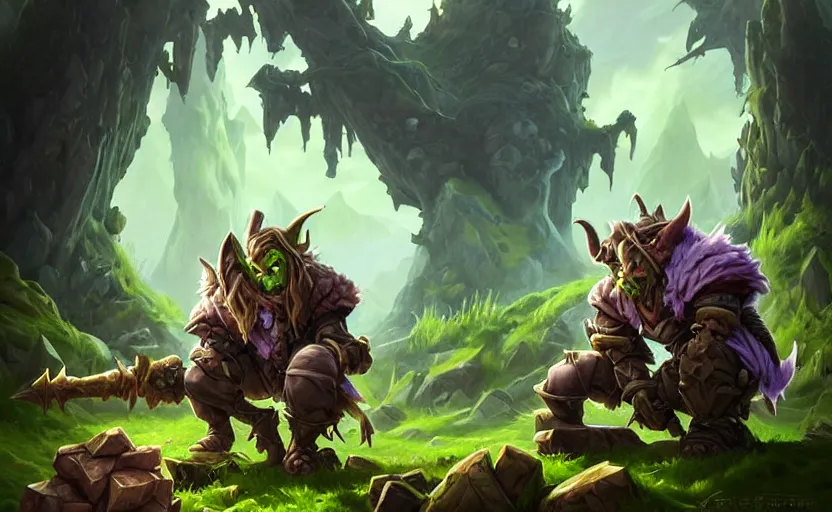 Image similar to goblin squatting, amazing landscape with tree in background, fantasy, whimsical, dungeons and dragons, league of legends splash art, heroes of the storm splash art, hearthstone splash art, world of warcraft splash art, overwatch splash art, art by artgerm, art by alphonse mucha, intricately detailed, highly detailed, trending on artstation,