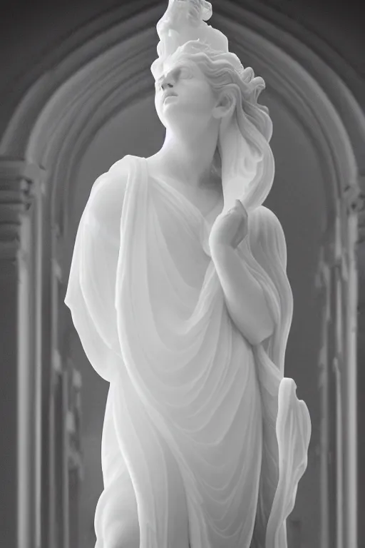 Prompt: a translucent marble statue of a young woman wearing an billowing dress, inside a white marble temple with colums, in the style of irakli nadar, soft lighting, film photography, high detail