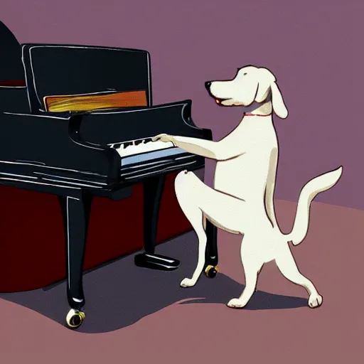 Image similar to a dog playing piano, digital art
