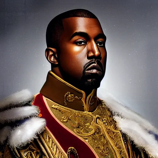 Image similar to Portrait of Kanye West as emperor napoleon, amazing splashscreen artwork, splash art, head slightly tilted, natural light, elegant, intricate, fantasy, atmospheric lighting, cinematic, photo realistic