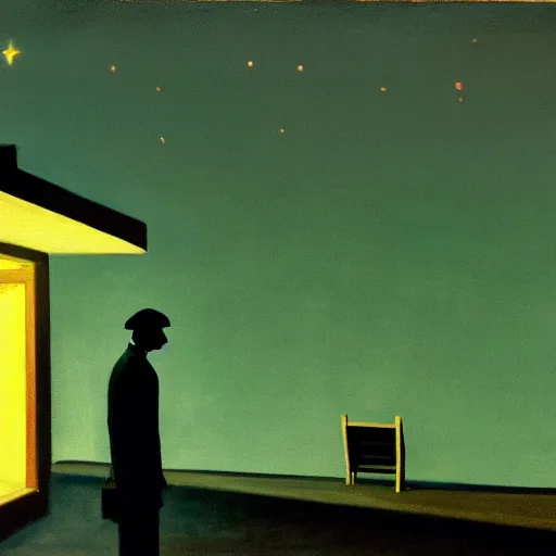 Prompt: a painting of a lonely man with a skull as his head waiting for the bus at night, green dramatic and cinematic light from the streetlight, the sky is full of stars, in the style of edward hopper, 4 k,