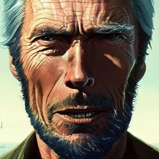 Image similar to highly detailed portrait, clint eastwood, in gta v, stephen bliss, unreal engine, fantasy art by greg rutkowski, loish, rhads, ferdinand knab, makoto shinkai and lois van baarle, ilya kuvshinov, rossdraws, tom bagshaw, global illumination, radiant light, detailed and intricate environment