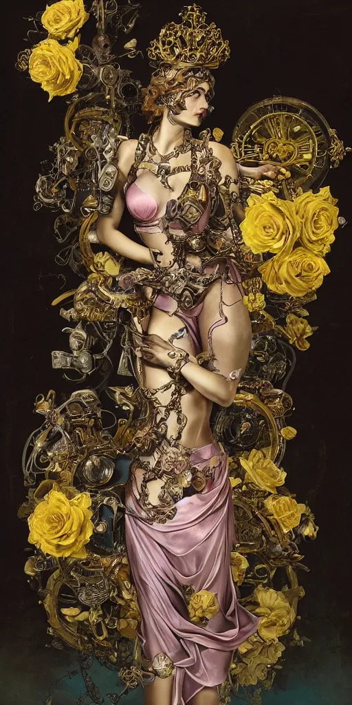 Image similar to a young beautiful Italian metal android with a large glowing yellow lit crystal in the center of her chest, full-body bronze cyberpunk style statue of Venus with glowing purple eyes, crown of mechanical peach roses, flowing teal-colored silk, fabric, steampunk flowers. baroque elements, human skull. full-length view. baroque element. intricate artwork by caravaggio. many flying horses on background. Trending on artstation, octane render, cinematic lighting from the right, hyper realism, octane render, 8k, depth of field, 3D