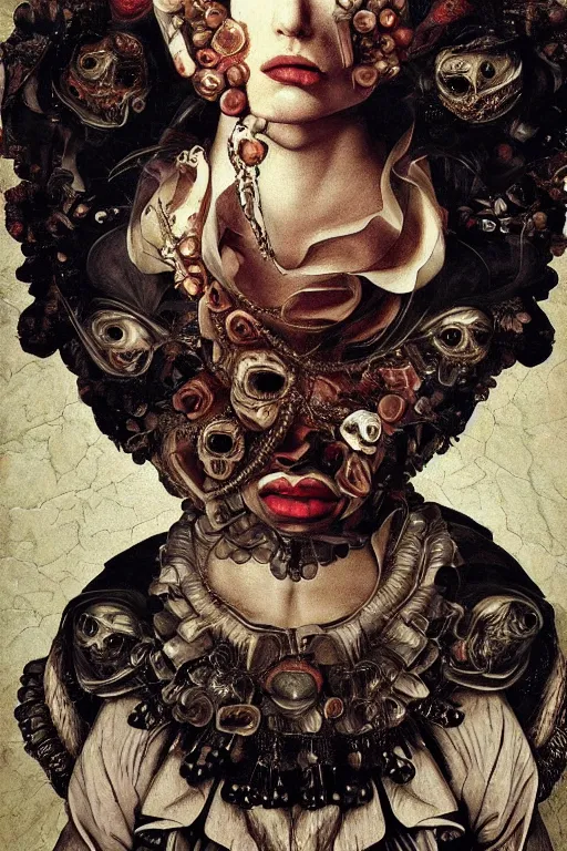 Image similar to Detailed maximalist portrait with large lips and with large, wide eyes, expressive, extra flesh and bones, HD mixed media, 3D collage, highly detailed and intricate, surreal, illustration in the style of Caravaggio, dark art, baroque