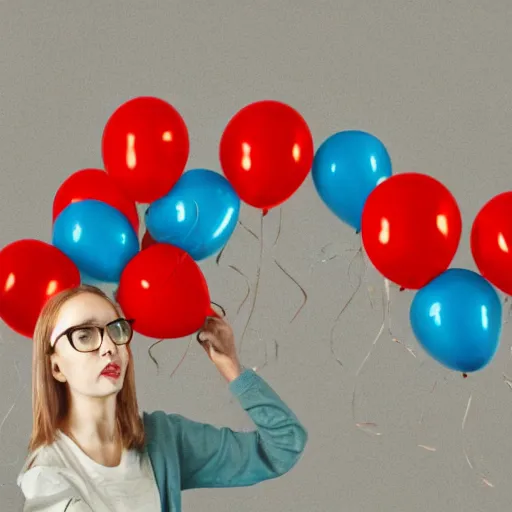 Prompt: medium shot ultra high resolution photo of a nerdy girl with glasses facing the camera. 1 0 0 red balloons fill the scene, todd solondz, rebecca guay, artstation, artgerm, octane render