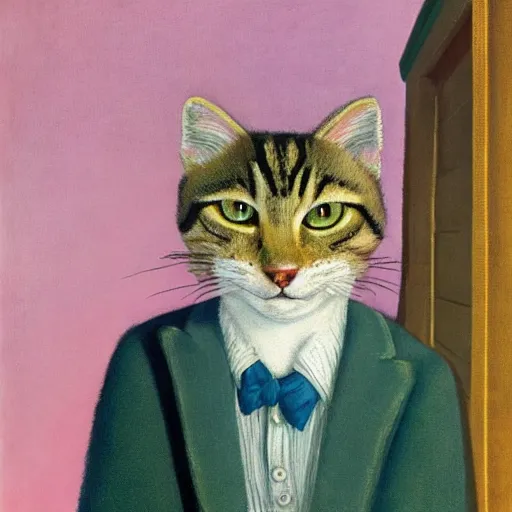 Image similar to fuzzy furry ears Portrait of Man camouflaged as Tabby Cat whilst wearing a pink tuxedo Standing atop a Garbage Truck Eric Ravilious Edward Hopper Newell Convers Wyeth Andrew Wyeth Jamie Wyeth