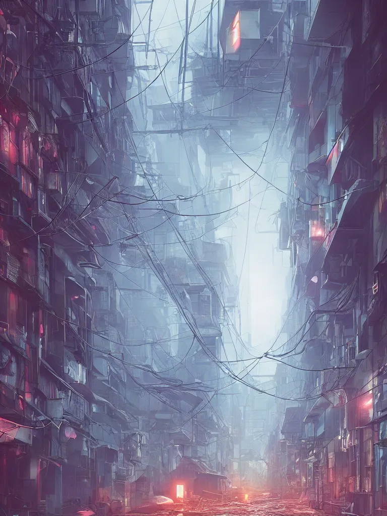 Prompt: futuristic diselpunk street, hanging cables, narrow, garbage on the ground. rain. fog, haze, evening. led screens. golden hour. volumetric lighting. cables on the ground. very messy. futuristic. photorealistic. artstation. anime. studio gimbli style