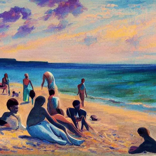 Image similar to A beautiful computer art of a group of people on a beach. The colors are muted and the overall tone is serene. The people are all engaged in different activities, from reading to playing games, and the artwork seems to be capturing a moment of peace and relaxation. by Max Pechstein beautiful