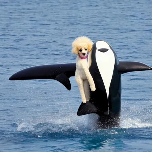 Prompt: mini poodle riding an orca