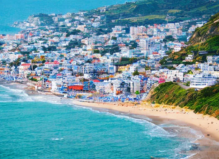 Image similar to down angled view of an anime seaside town, ocean, town, beach, hills