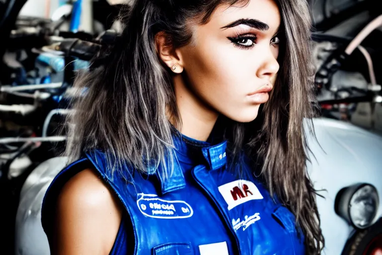 Prompt: a highly detailed, beautiful photo of a madison beer as a 1 9 7 0 s race car mechanic, working on a formula one car, symmetrical face, beautiful eyes, cobalt blue hair, realistic, 8 k, award winning photo, motor sport photography,, back lit lighting,