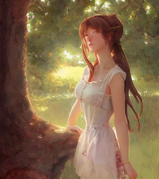 Image similar to aerith gainsborough in a cottagecore dress, portrait, illustration, rim light, top light, perfectly shaded, spring time, slight overcast lighting, soft painting, art by krenz cushart and wenjun lin