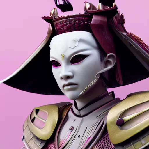 Prompt: gorgeous female samurai with full warrior armor, 3 d render, futuristic biomechanical, porcelain ivory mask, hyper realistic, cinematic, octane render, 8 k, pink sun in background, vivid colors, oblivion