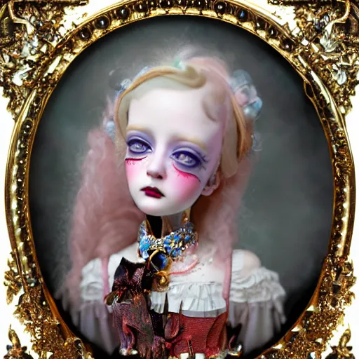 Prompt: Ethereal stunning maximalist Victorian heliumpunk girl from the rainbow sky paradise, high-tech, detailed by Mark Ryden, 35mm macro shot, hyperrealism, 8k resolution 3D