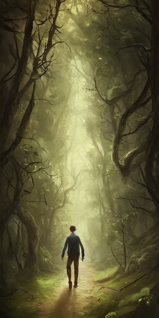 Prompt: a painting of a man walking down a path in a forest, a storybook illustration by charlie bowater, featured on deviantart, fantasy art, storybook illustration, detailed painting, enchanting