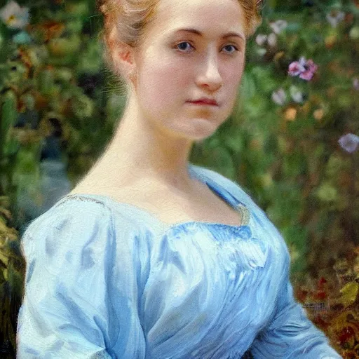 Image similar to portrait painting of a lady in a light blue dress 1 9 0 0 s entire face shown in great detail, looking at the camera, blonde hair, garden, photorealistic, extreme detail, sharp focus, 8 k, intricate, hyper detailed, realistic, cinematic lighting